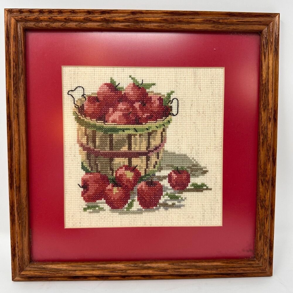 Vintage Framed Apple Cross Stitch Wall Art 10x10 Cottagecore Kitchen Decor